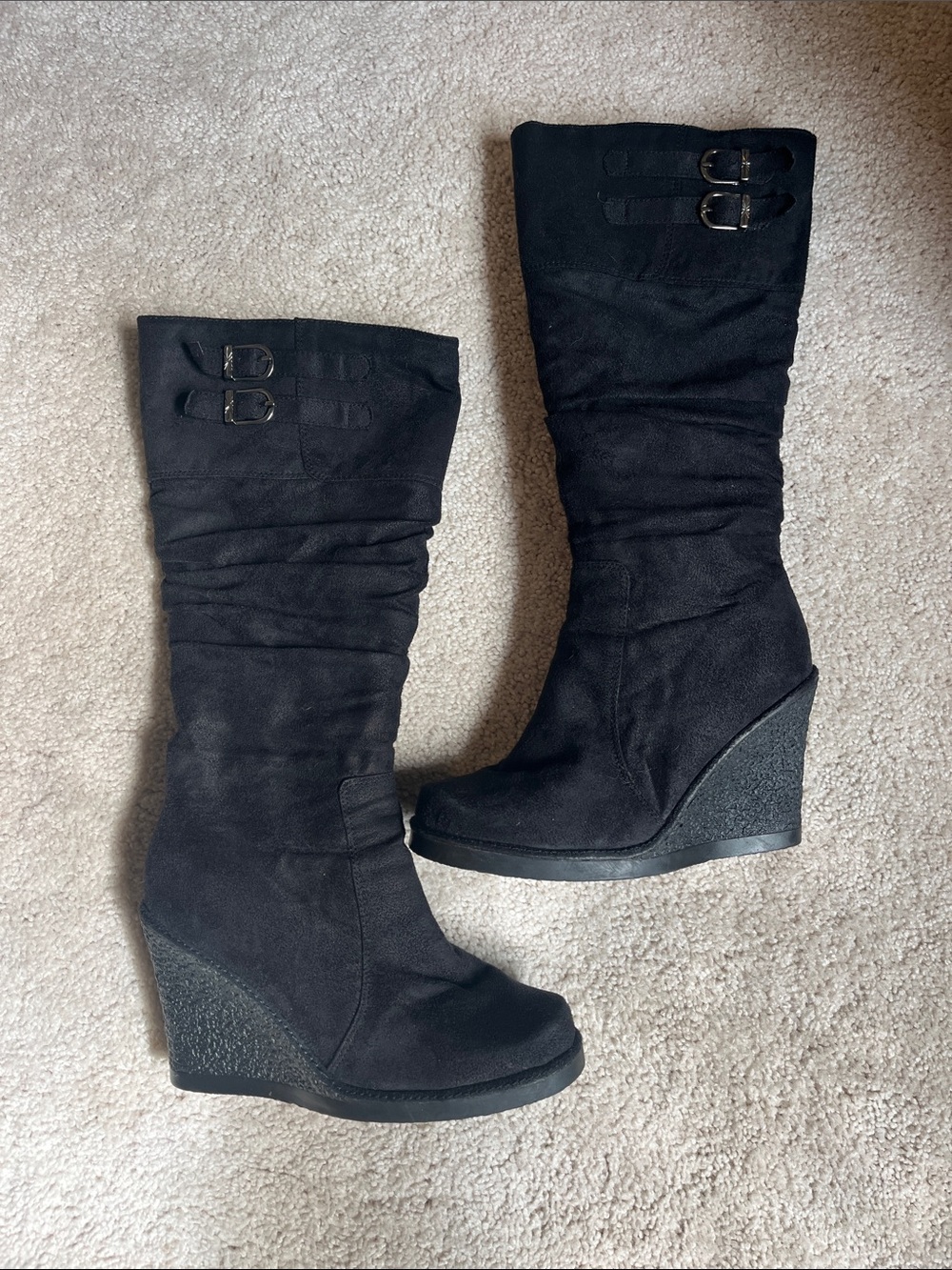 Soda Black Suede-Look Wedge Mid-Calf Boots